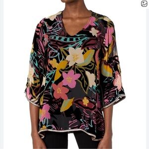 Johnny Was Vibrant Floral Black Blouse
